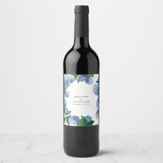 Blue Hydrangea Floral Greenery Modern Wedding Wine Label