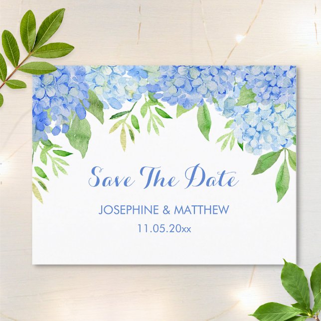 Blue Hydrangea Floral Greenery Save the Date Announcement Postcard (Creator Uploaded)