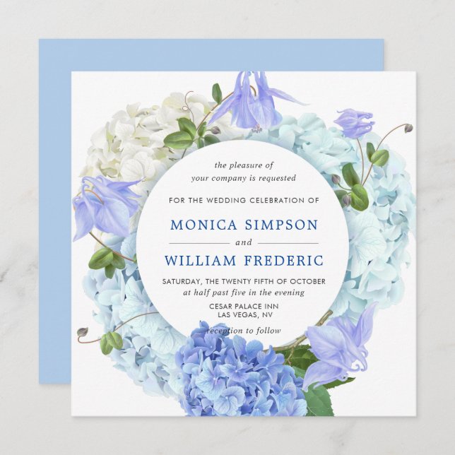 Blue Hydrangea Floral Greenery Watercolor Wedding Invitation (Front/Back)