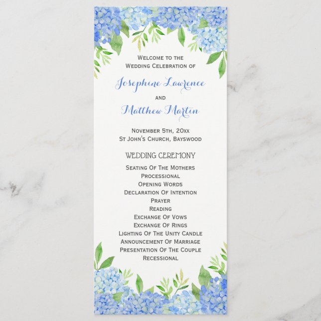 Blue Hydrangea Floral Greenery Wedding Ceremony Programme (Front)