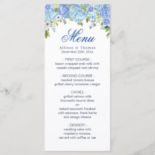 Blue Hydrangea Floral Greenery Wedding Menu Card