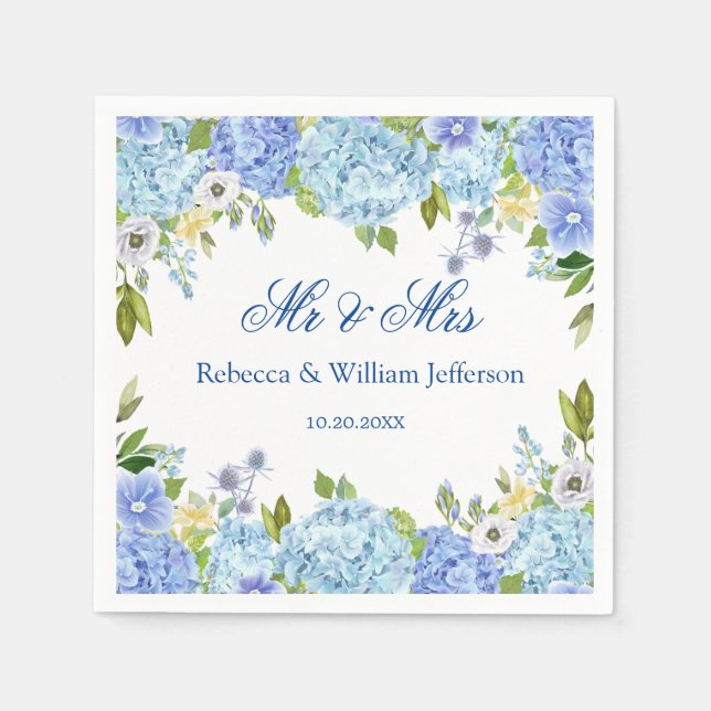 Blue Hydrangea Floral Greenery Wedding Paper Napkin (Front)