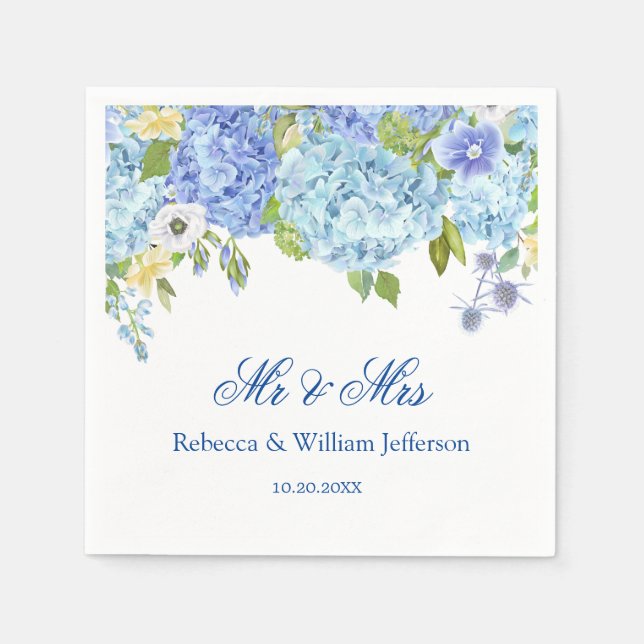Blue Hydrangea Floral Greenery Wedding Paper Napkin (Front)