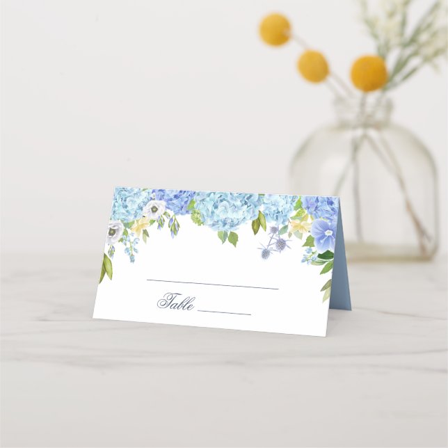 Blue Hydrangea  Floral Greenery Wedding Table Place Card (Front)