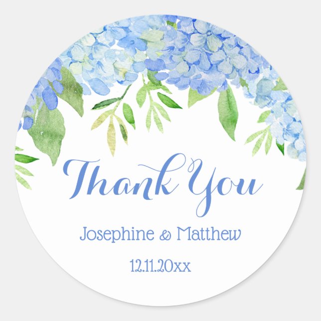 Blue Hydrangea Floral Greenery Wedding Thank You Classic Round Sticker (Front)