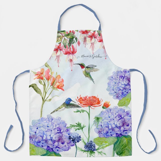 Blue Hydrangea Floral Hummingbird Nanas Garden Art Apron (Front)