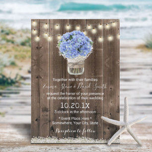 Blue Hydrangea Floral Jar Rustic Barn Wood Wedding Invitation