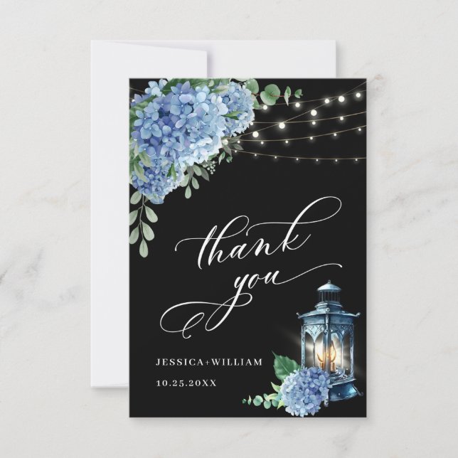 Blue Hydrangea Floral Lantern  Black Boho Wedding Thank You Card (Front)