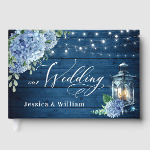 Blue Hydrangea Floral Lantern Navy Wood Wedding Guest Book