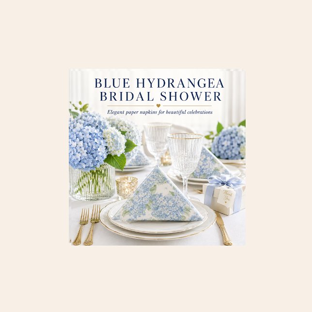 Blue Hydrangea Floral Luncheon Napkins (Elegant blue hydrangea paper napkins styled for bridal showers, weddings and garden celebrations.)