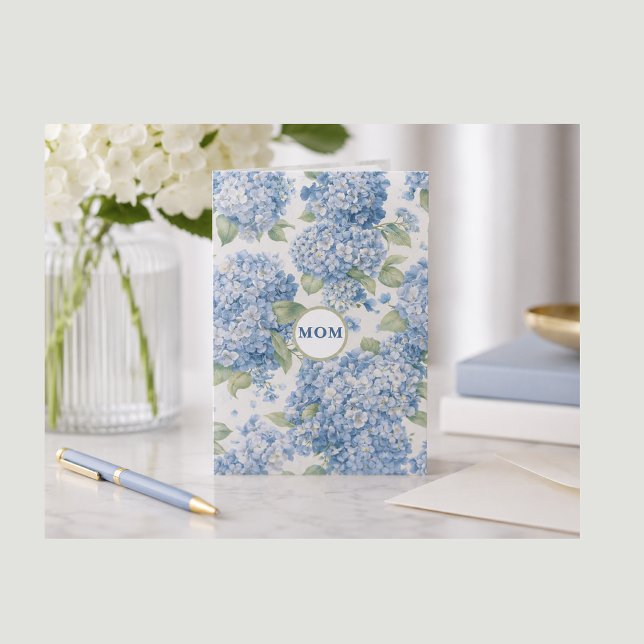 Blue Hydrangea Floral MOM Card Elegant Gift (Blue Hydrangea pattern happy birthday greeting card a statement of beauty for a very special person.)