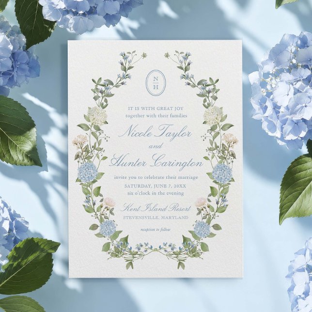 Blue Hydrangea Floral Monogram Crest Wedding Invitation (Creator Uploaded)