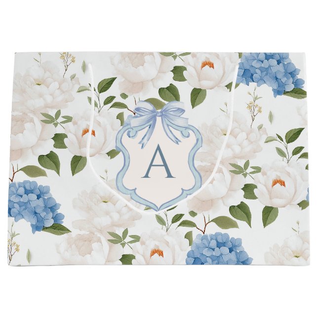 Blue Hydrangea Floral Monogram Large Gift Bag (Front)