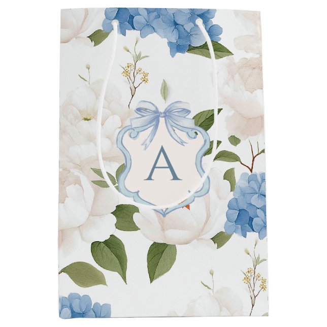 Blue Hydrangea Floral Monogram Medium Gift Bag (Front)