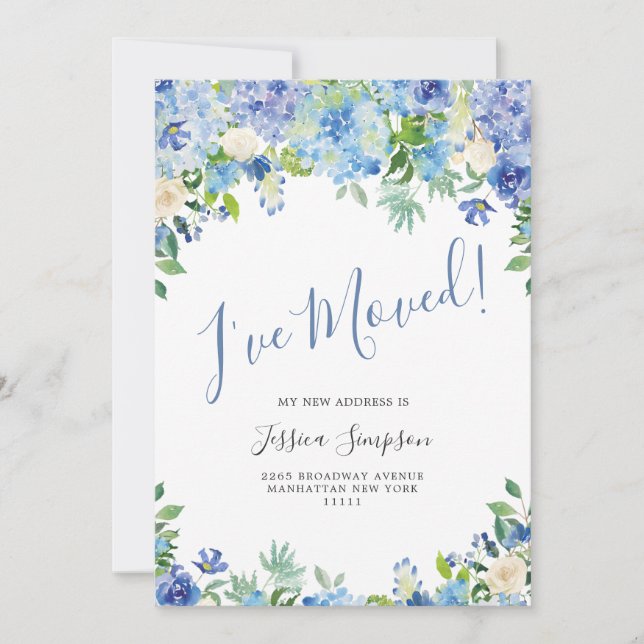 Blue Hydrangea Floral Moving Announcement Cards (Front)