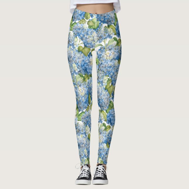 Blue Hydrangea Floral Pattern Leggings (Front)