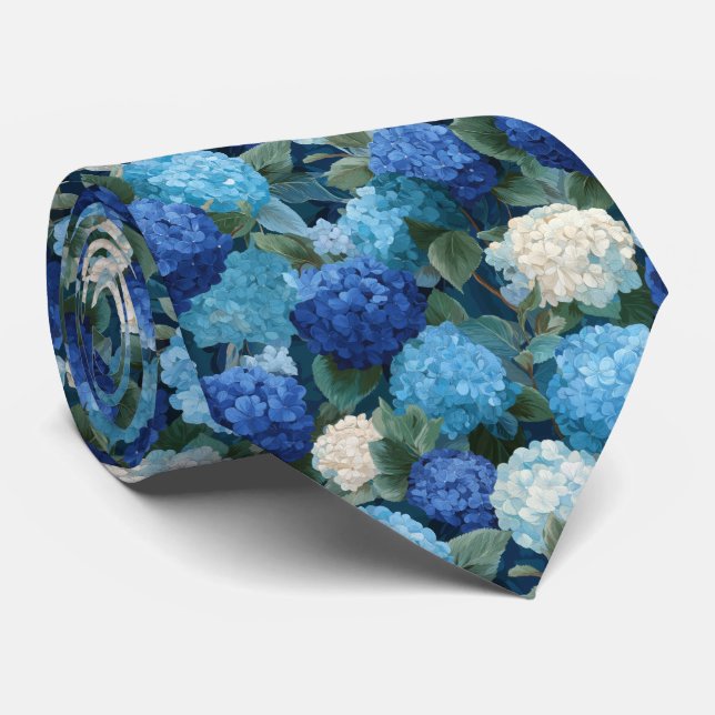 Blue Hydrangea Floral Pattern with Leaves Tie (Rolled)