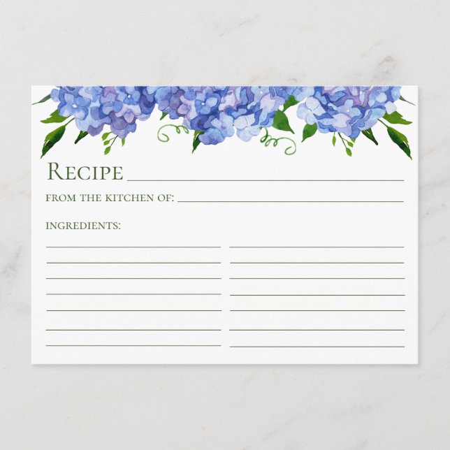 Blue Hydrangea Floral Recipe Enclosure Card (Front)