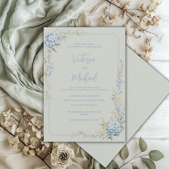 Blue Hydrangea Floral Sage Green Elegant Wedding Invitation (Creator Uploaded)