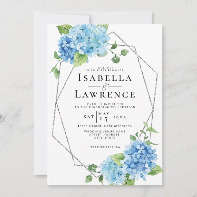 Blue Hydrangea Floral Silver Elegant Wedding Invitation (Front)