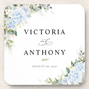 Blue Hydrangea Floral Square Wedding Coaster