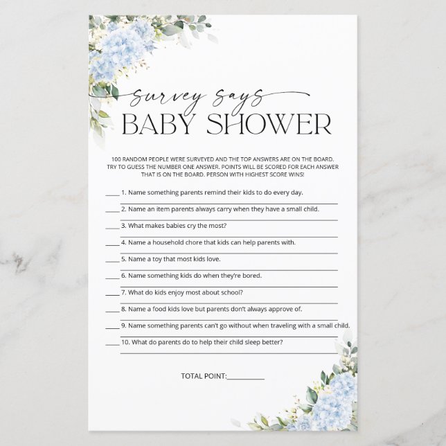 Blue Hydrangea Floral Survey Says Game Card (Front)