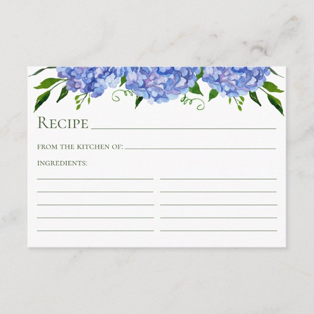 Blue Hydrangea Floral Watercolor Recipe Card (Front)