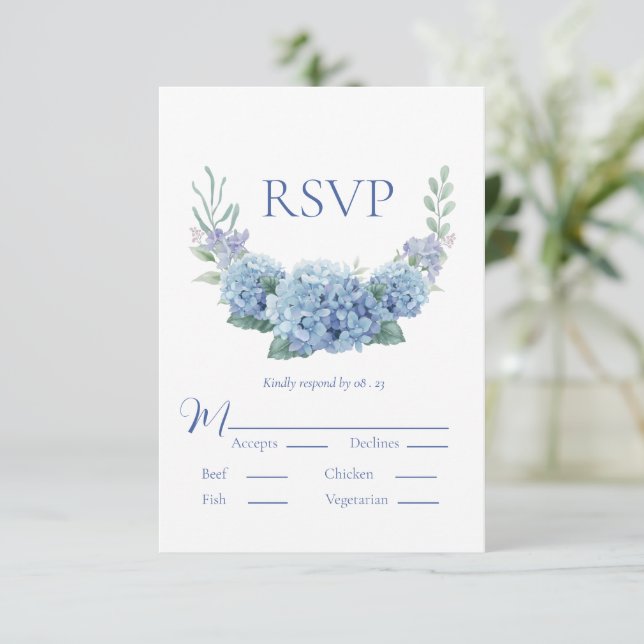 Blue Hydrangea Floral Watercolor Wedding RSVP Card (Standing Front)