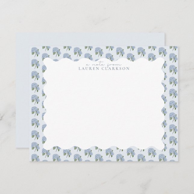 Blue Hydrangea Floral Wavy Border Note Card (Front/Back)