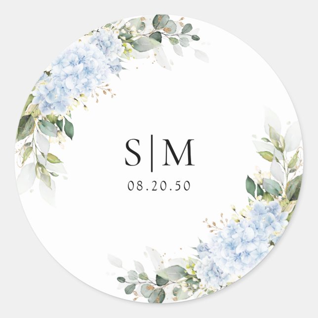 Blue Hydrangea Floral Wedding Classic Round Sticker (Front)