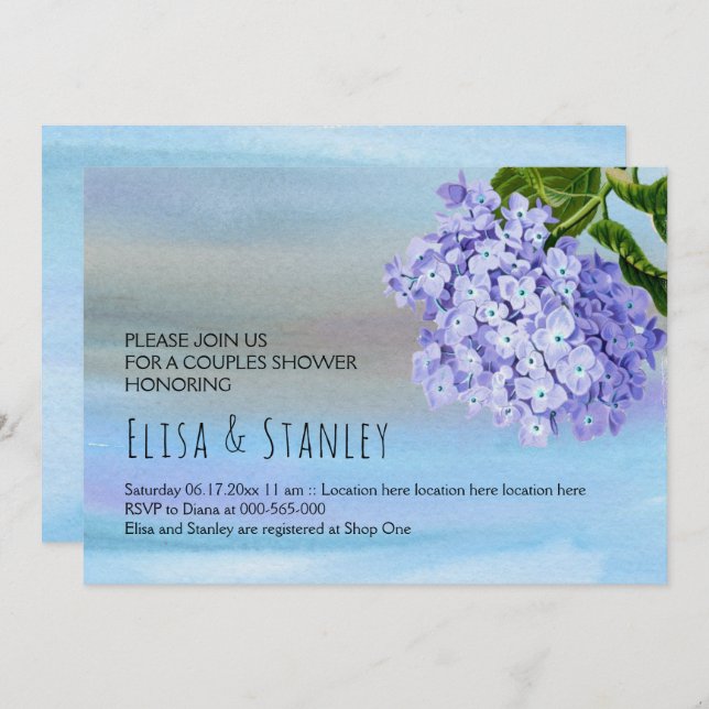 Blue hydrangea floral wedding couples shower invitation (Front/Back)