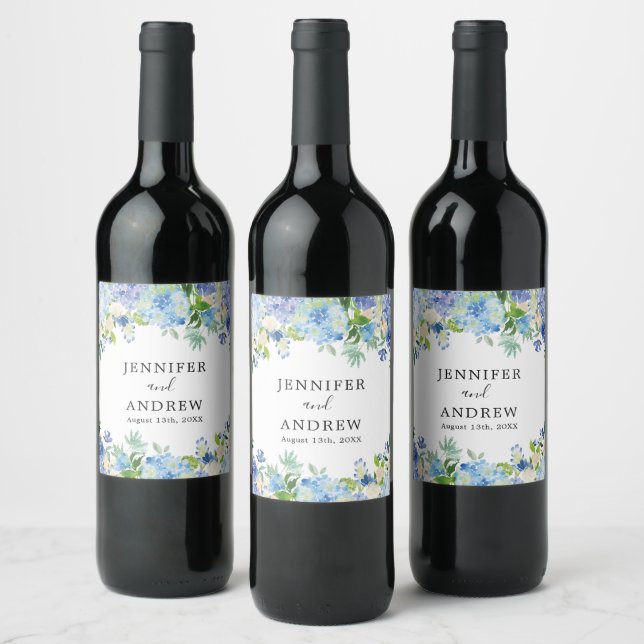Blue Hydrangea Floral Wedding Favour Wine Label (Bottles)