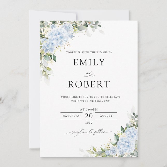 Blue Hydrangea Floral Wedding Invitation (Front)