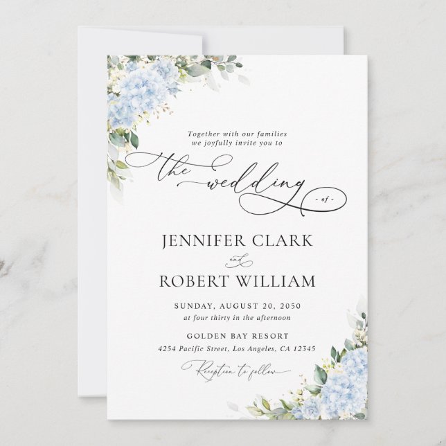 Blue Hydrangea Floral Wedding Invitation (Front)