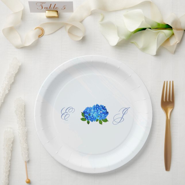 Blue Hydrangea Floral Wedding Paper Plate (Wedding)