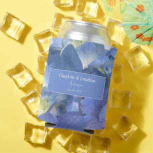 Blue Hydrangea Floral Wedding Personalised Names Can Cooler