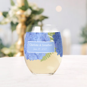 Blue Hydrangea Floral Wedding Personalised Names Stemless Wine Glass