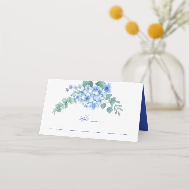 Blue Hydrangea Floral Wedding Place Card (Front)