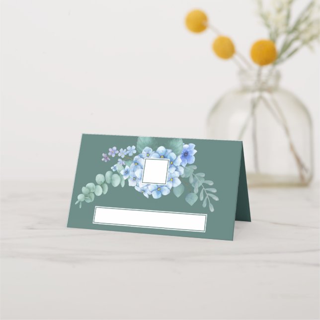 Blue Hydrangea Floral Wedding Place Card (Front)
