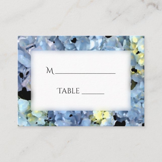 Blue Hydrangea Floral Wedding Place Cards (Front)