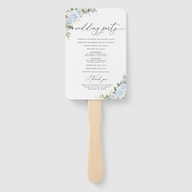 Blue Hydrangea Floral Wedding Program Hand Fan (Back)
