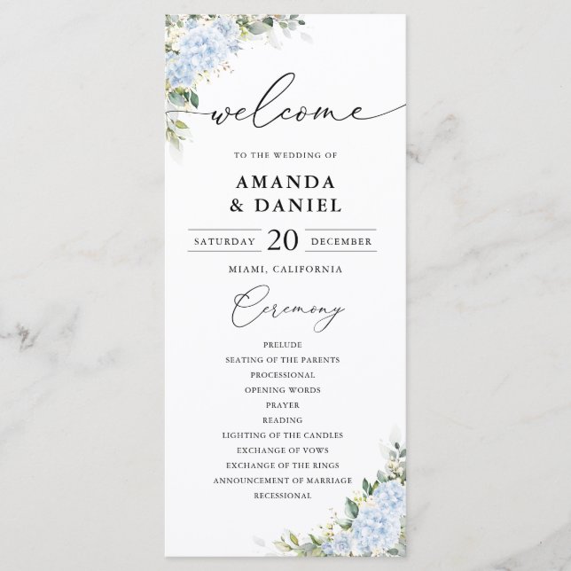 Blue Hydrangea Floral Wedding Program Programme (Front)