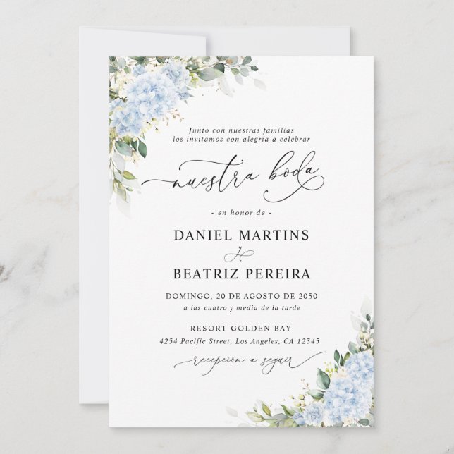 Blue Hydrangea Floral Wedding Reception Invitation (Front)