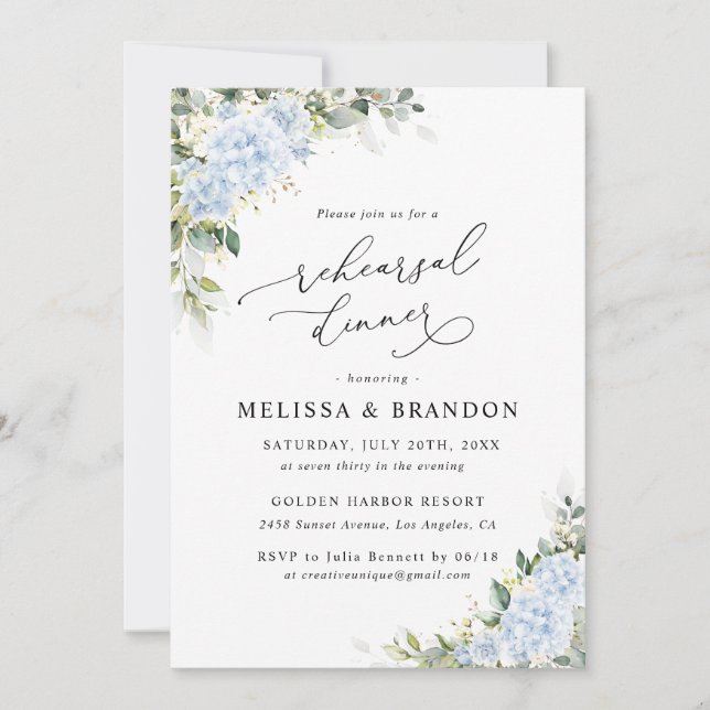 Blue Hydrangea Floral Wedding Rehearsal Dinner Invitation (Front)