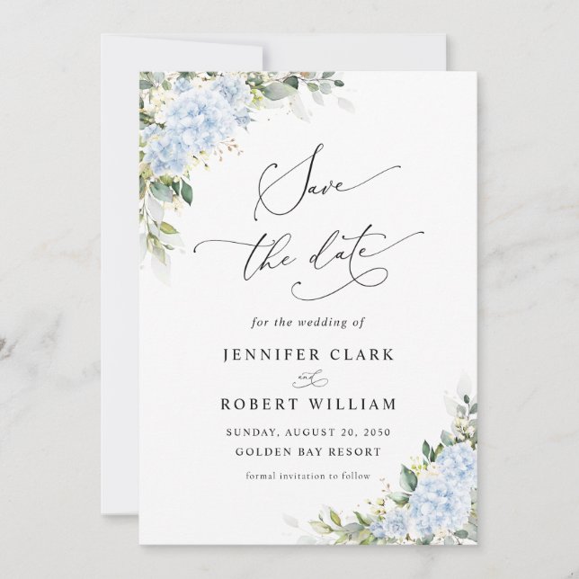 Blue Hydrangea Floral Wedding Save The Date Invitation (Front)