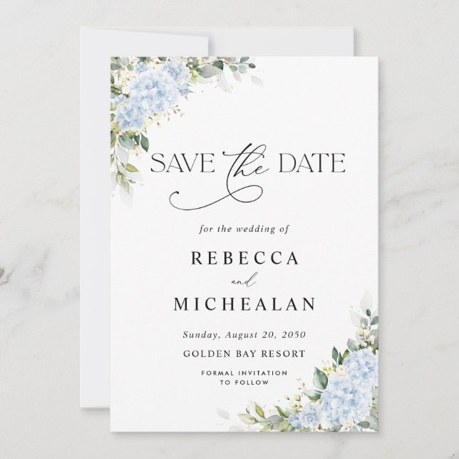 Blue Hydrangea Floral Wedding Save The Date Invitation (Front)