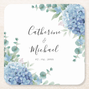 Blue Hydrangea Floral Wedding  Square Paper Coaster