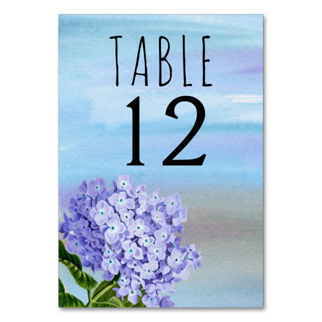 Blue hydrangea floral wedding table number (Front)