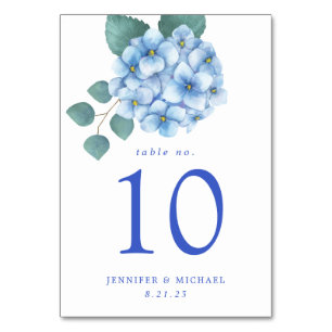 Blue Hydrangea Floral Wedding Table Number