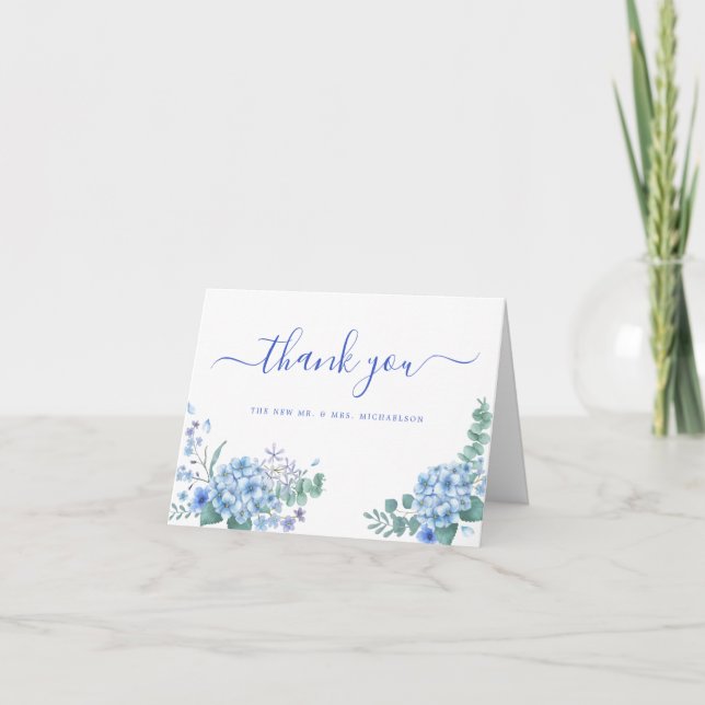 Blue Hydrangea Floral Wedding Thank You Card (Front)